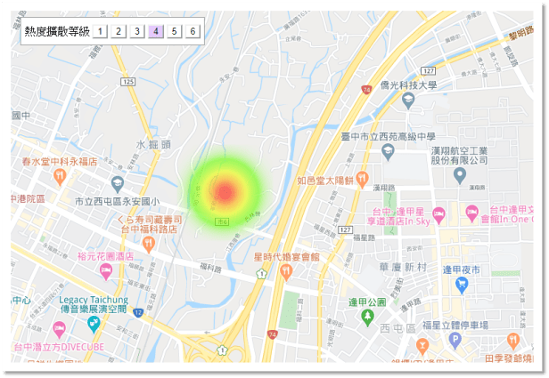 如僅填寫「台中市西屯區」，則在熱度地圖上會呈現全部顧客皆在同一個定點